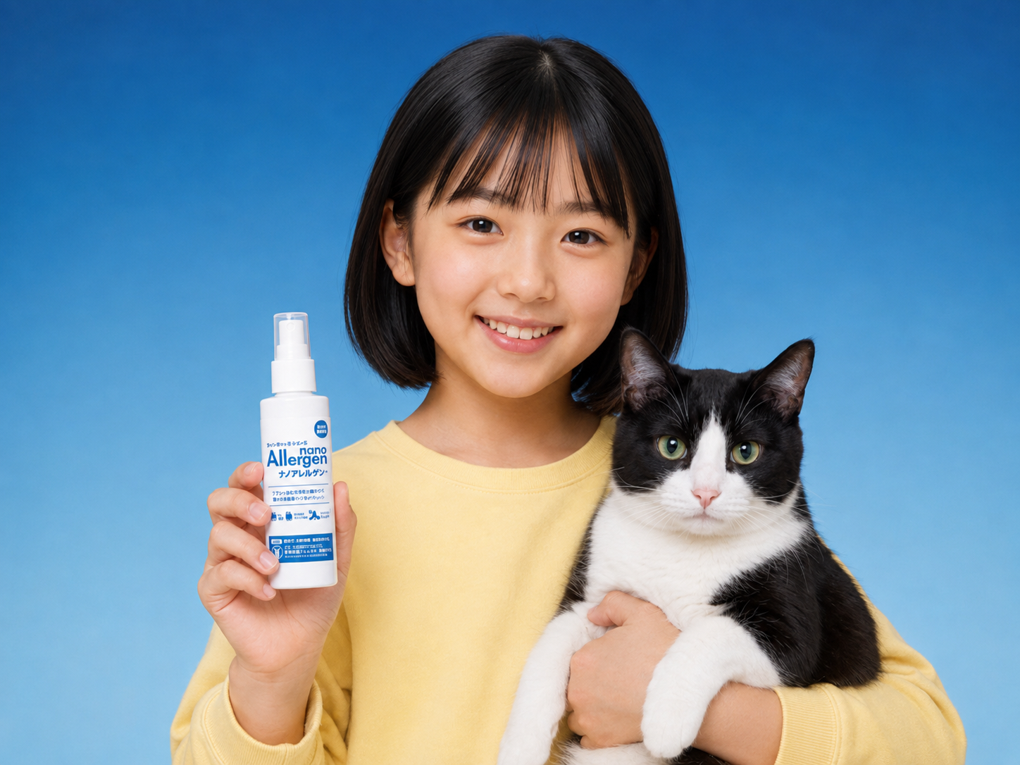 猫を抱き、ナノアレルゲン®のスプレーボトルを持つ人物